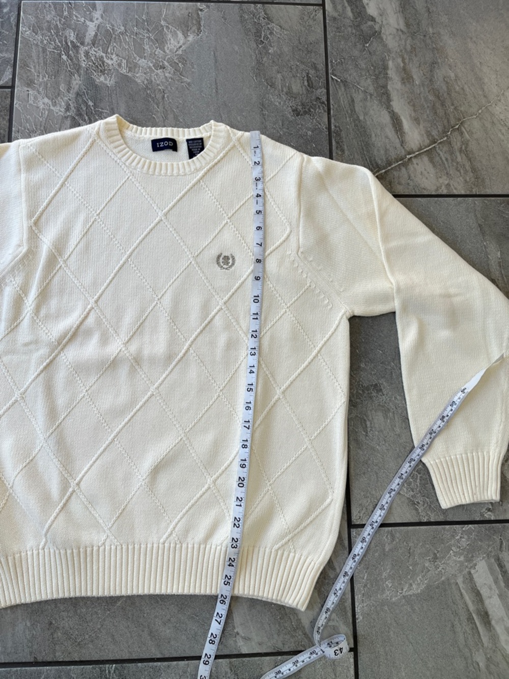 🤍 Izod 100% Cotton Sweater Cream Size Medium Preppy - Picture 6 of 8